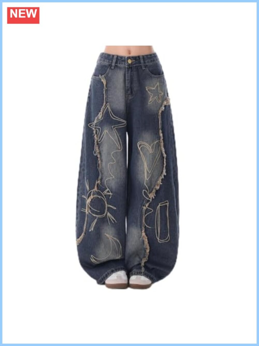 Women's Baggy Barrel Jeans Embroidered Star Y2K Wide Leg Loose Denim Pants